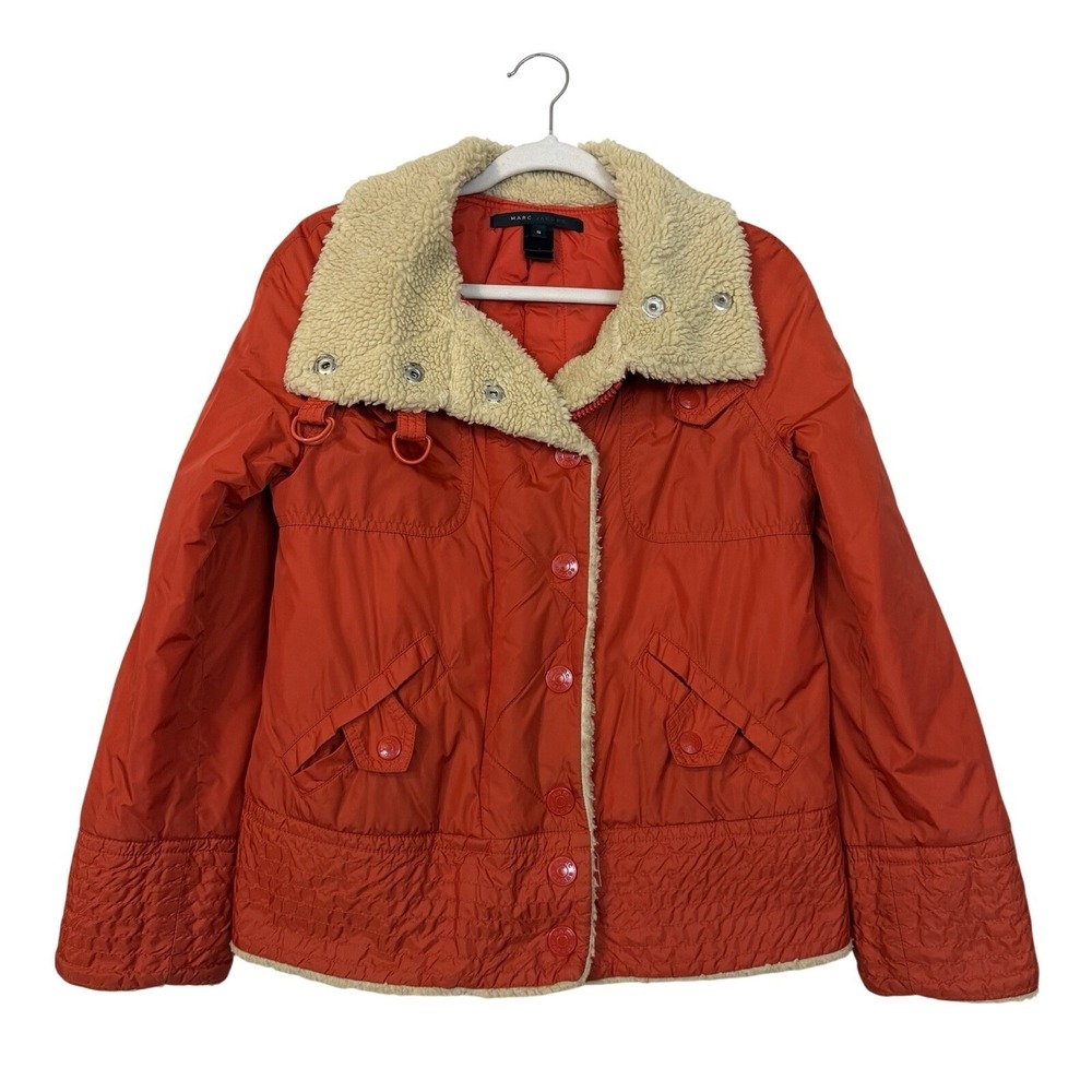 Marc Jacobs Sherpa Lined  Nylon Puffer Jacket Sz Small Orange Retro Gorpcore